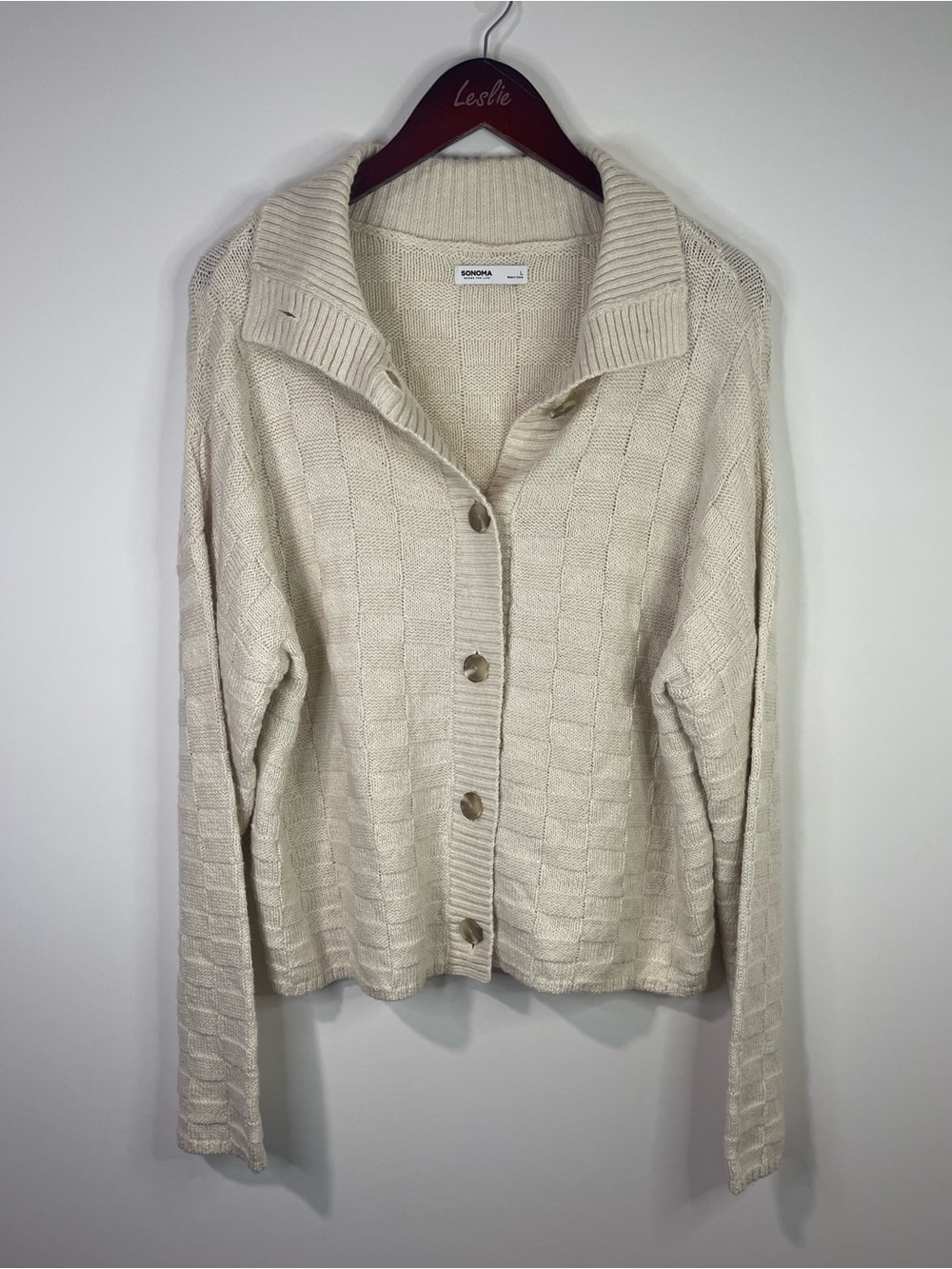 Sonoma Cream Button-Up Knit Cardigan with checker pattern